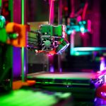 Close-up of a neon-colored 3D printer in a workshop, showcasing vibrant technology.