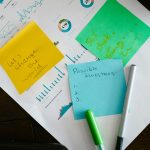 Startup brainstorming with charts, colorful sticky notes, and planning strategies for success.